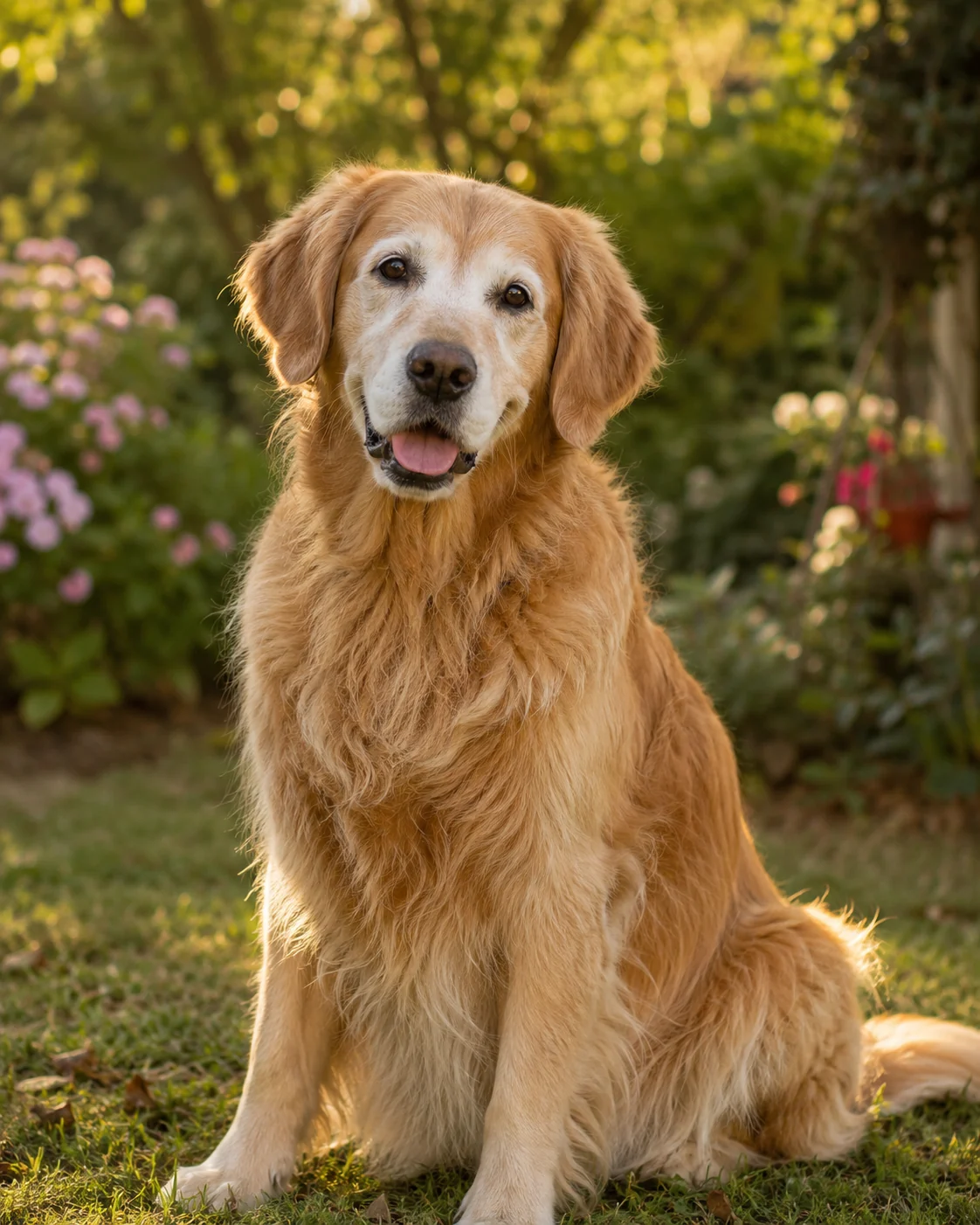 Daisy, a senior golden retriever sitting in a sunlit garden.