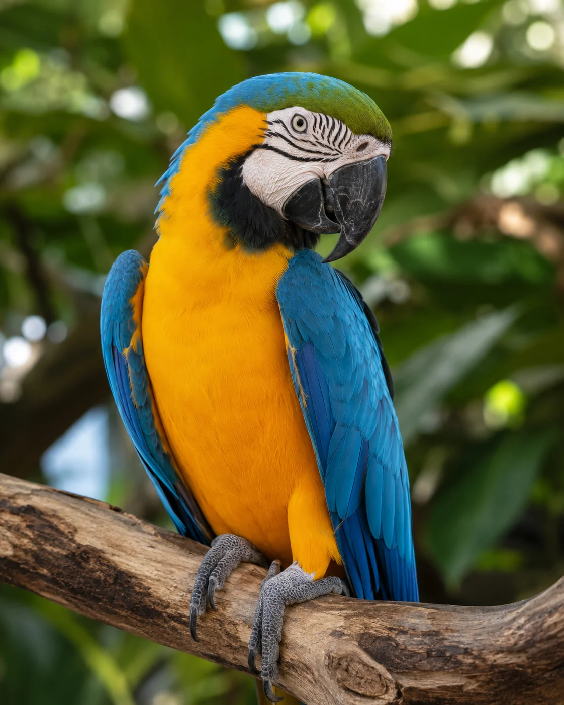 Jasper, a blue-and-gold macaw perched on a branch.