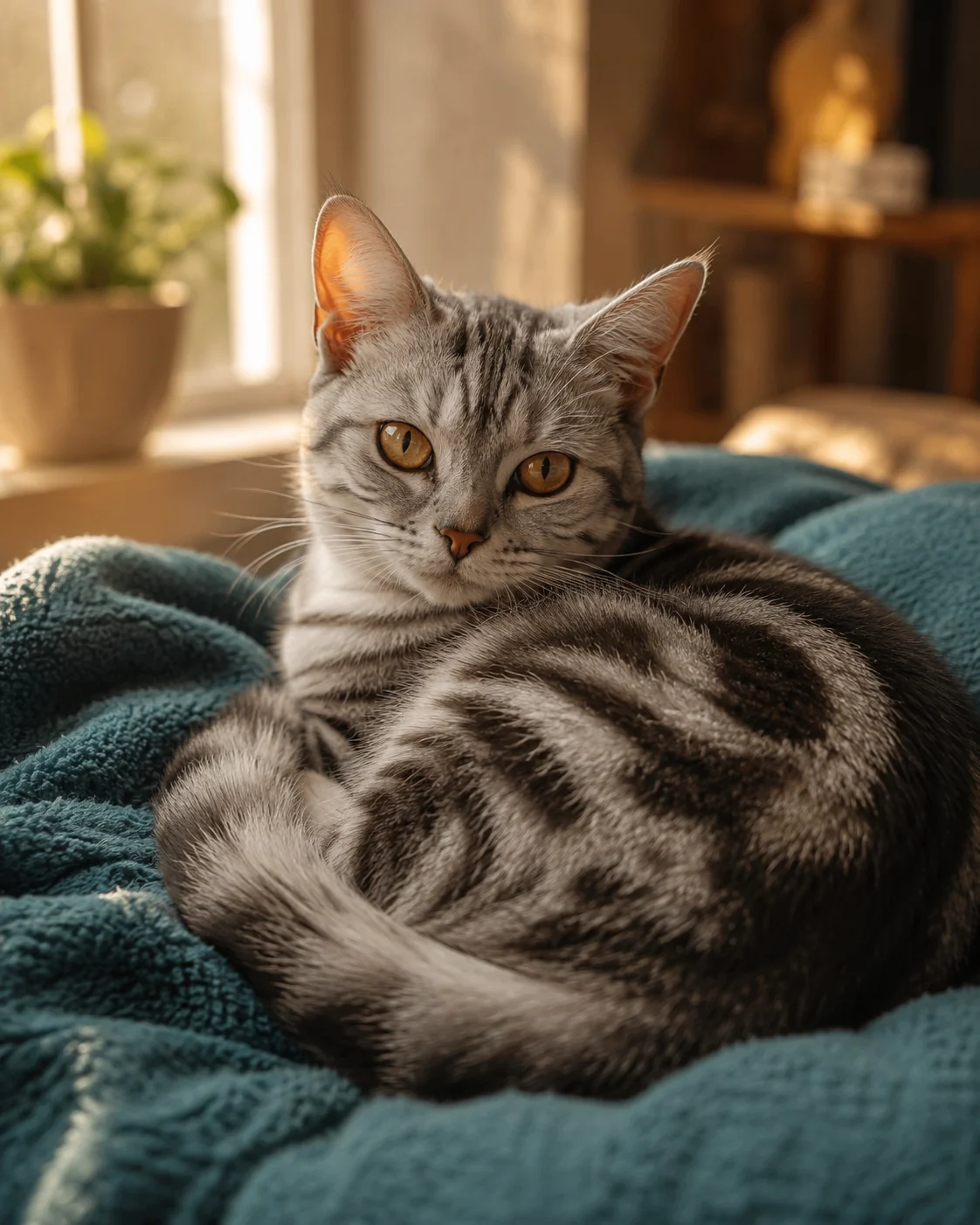 Luna, a silver tabby cat curled on a teal blanket.