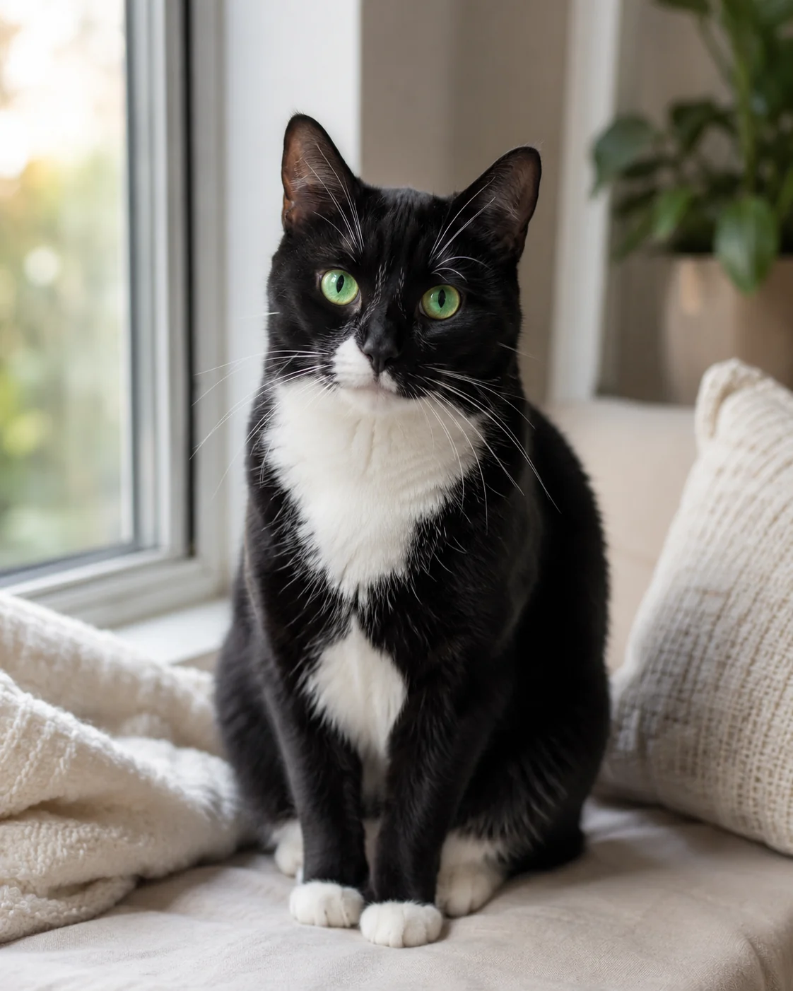 Milo, a tuxedo cat sitting beside a bright window.