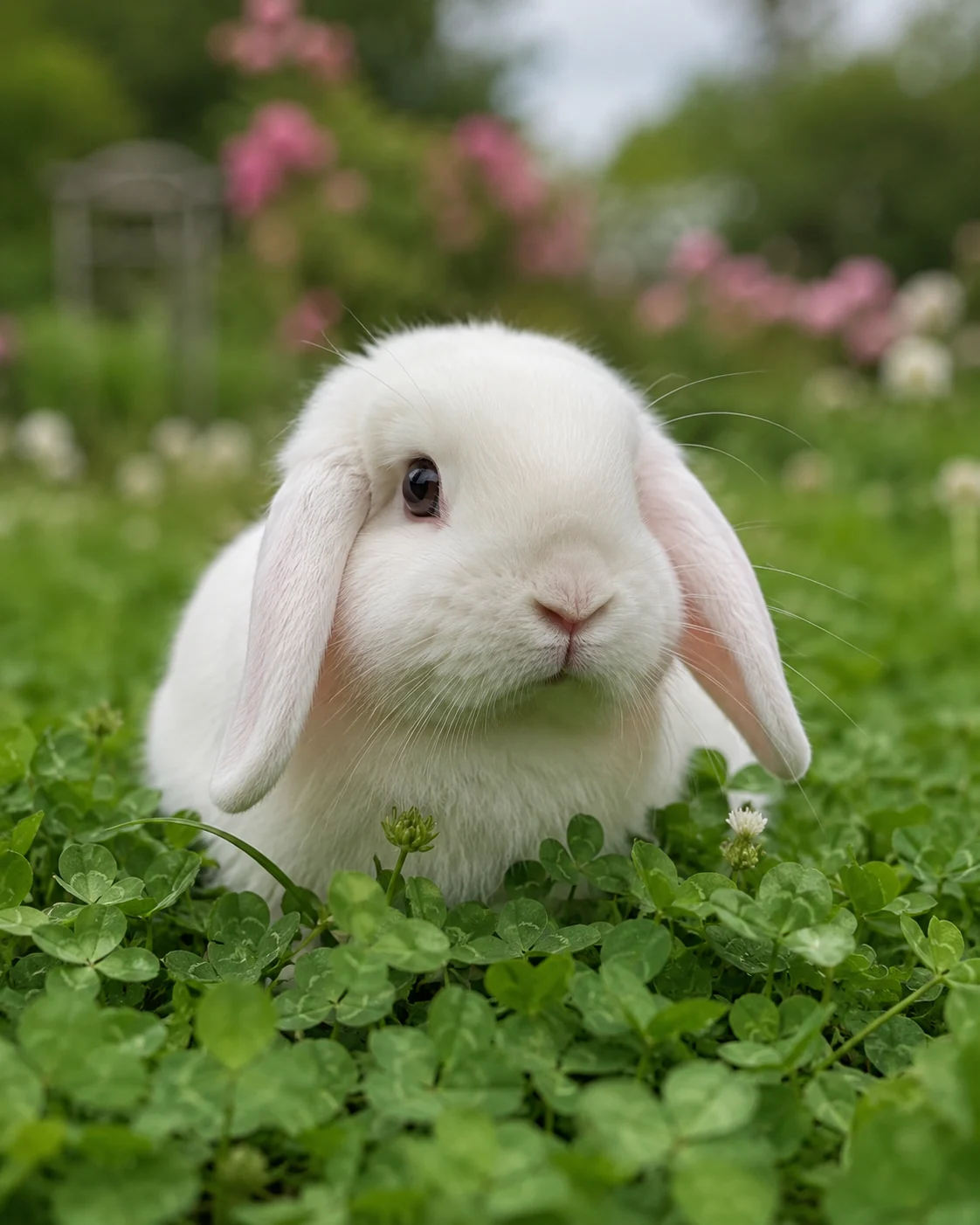 Rosie, a white lop-eared rabbit resting in clover.