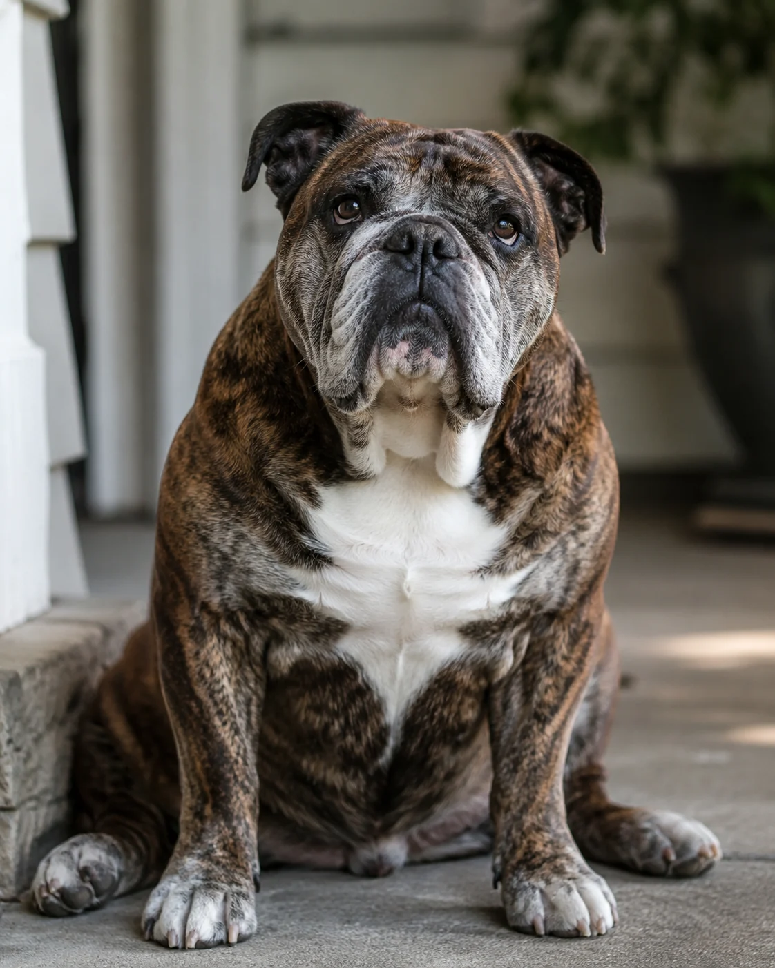 Winston, a brindle English bulldog sitting on a porch.